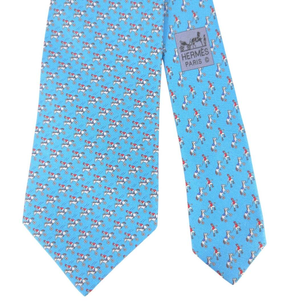 Hermes Jockey Equestrian Pattern Silk Tie Mens Light Blue $260